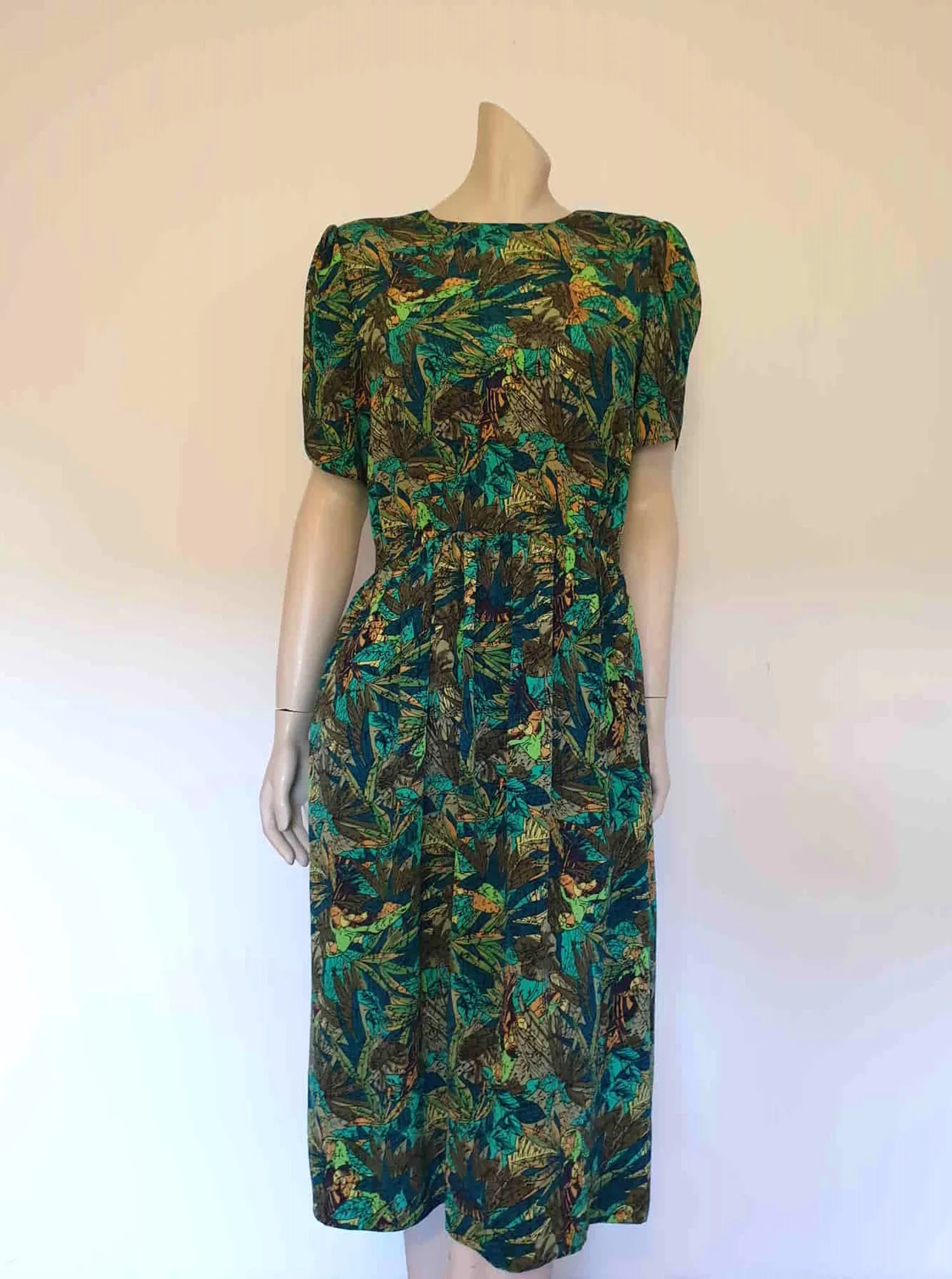 1980s Green Leaf Print Dress - M