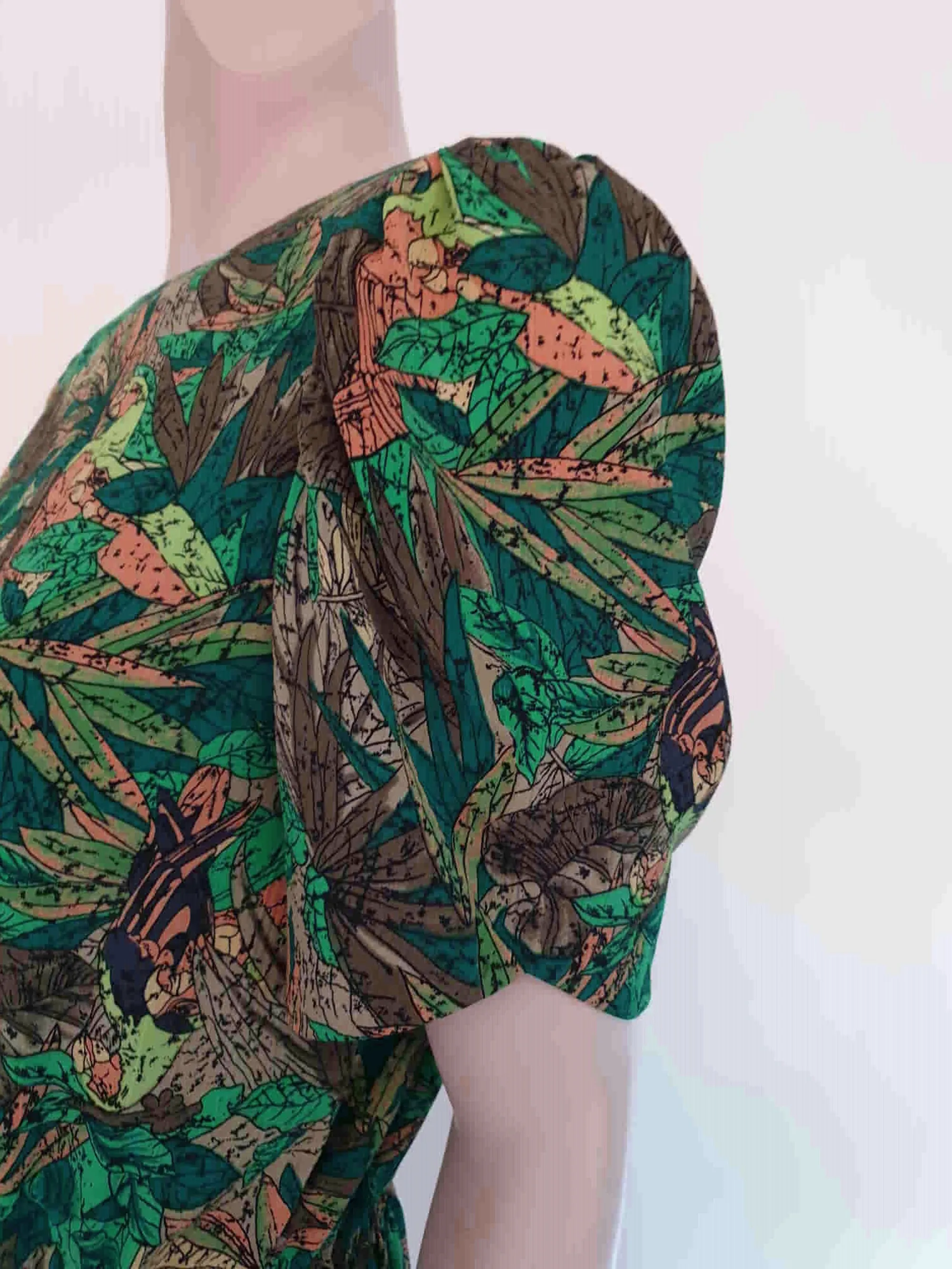 1980s Green Leaf Print Dress - M