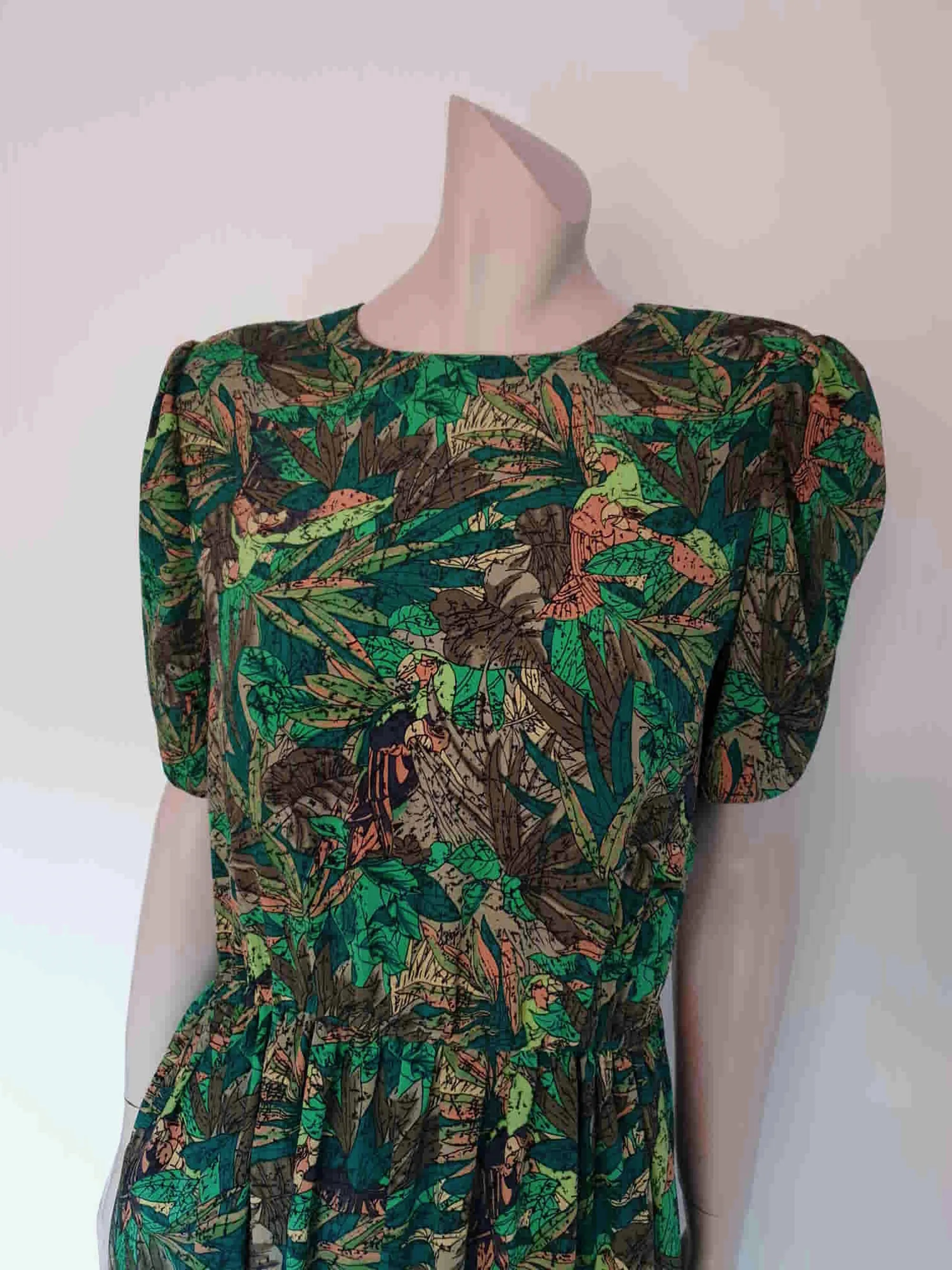 1980s Green Leaf Print Dress - M