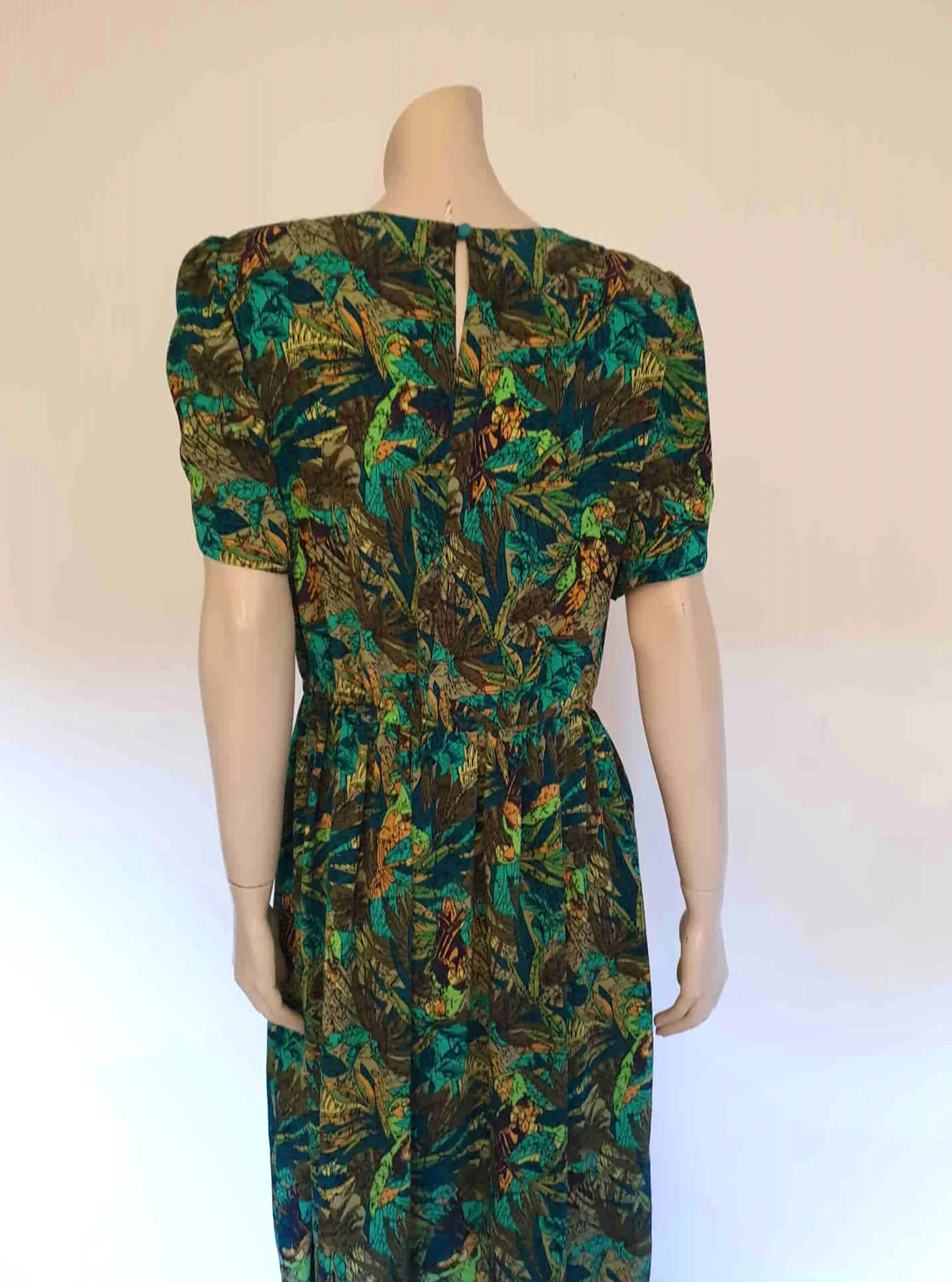 1980s Green Leaf Print Dress - M