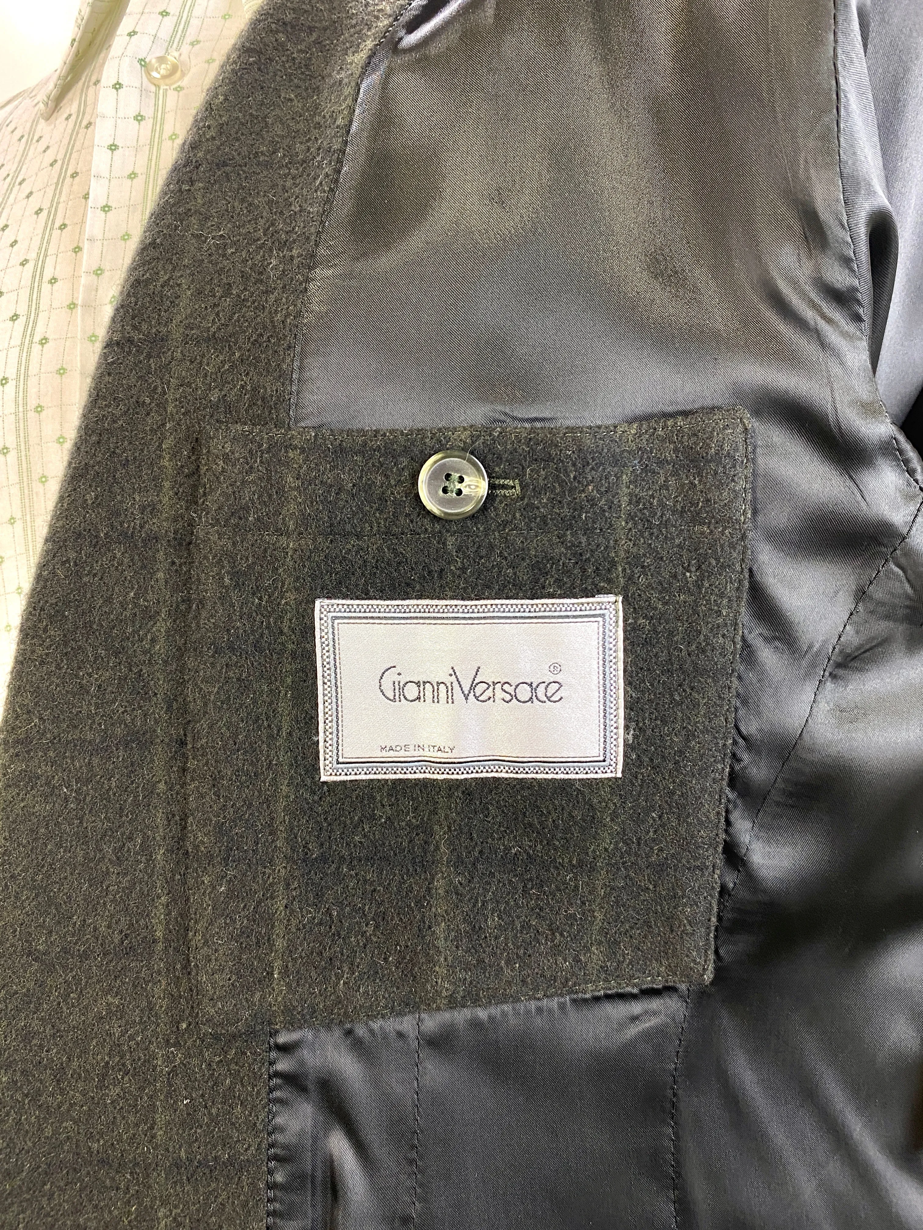 1980s Vintage Dark Green Windowpane Wool Men's Designer Blazer, Gianni Versace Italian Jacket, C40