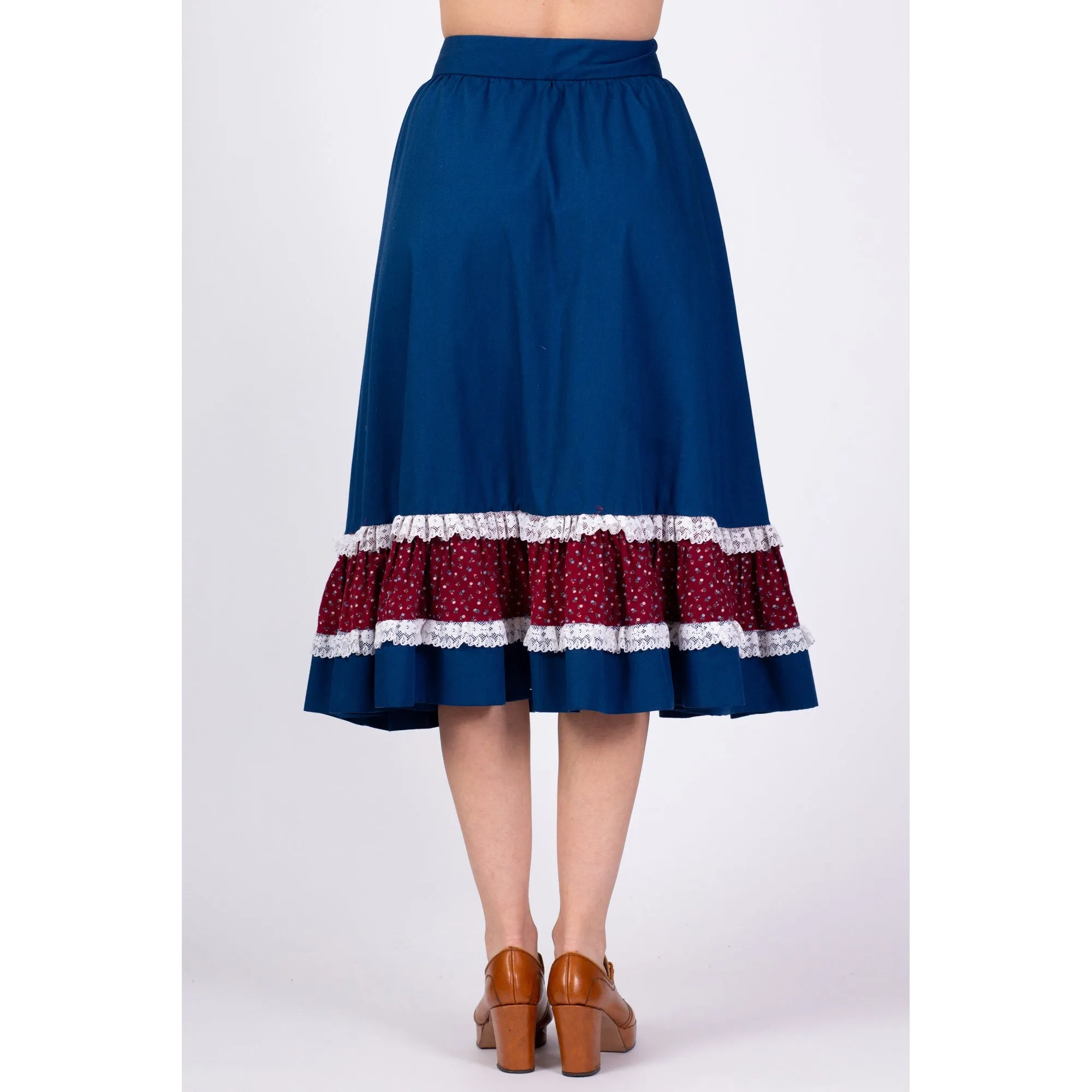 70s Navy Blue Midi Prairie Skirt - Medium, 29"