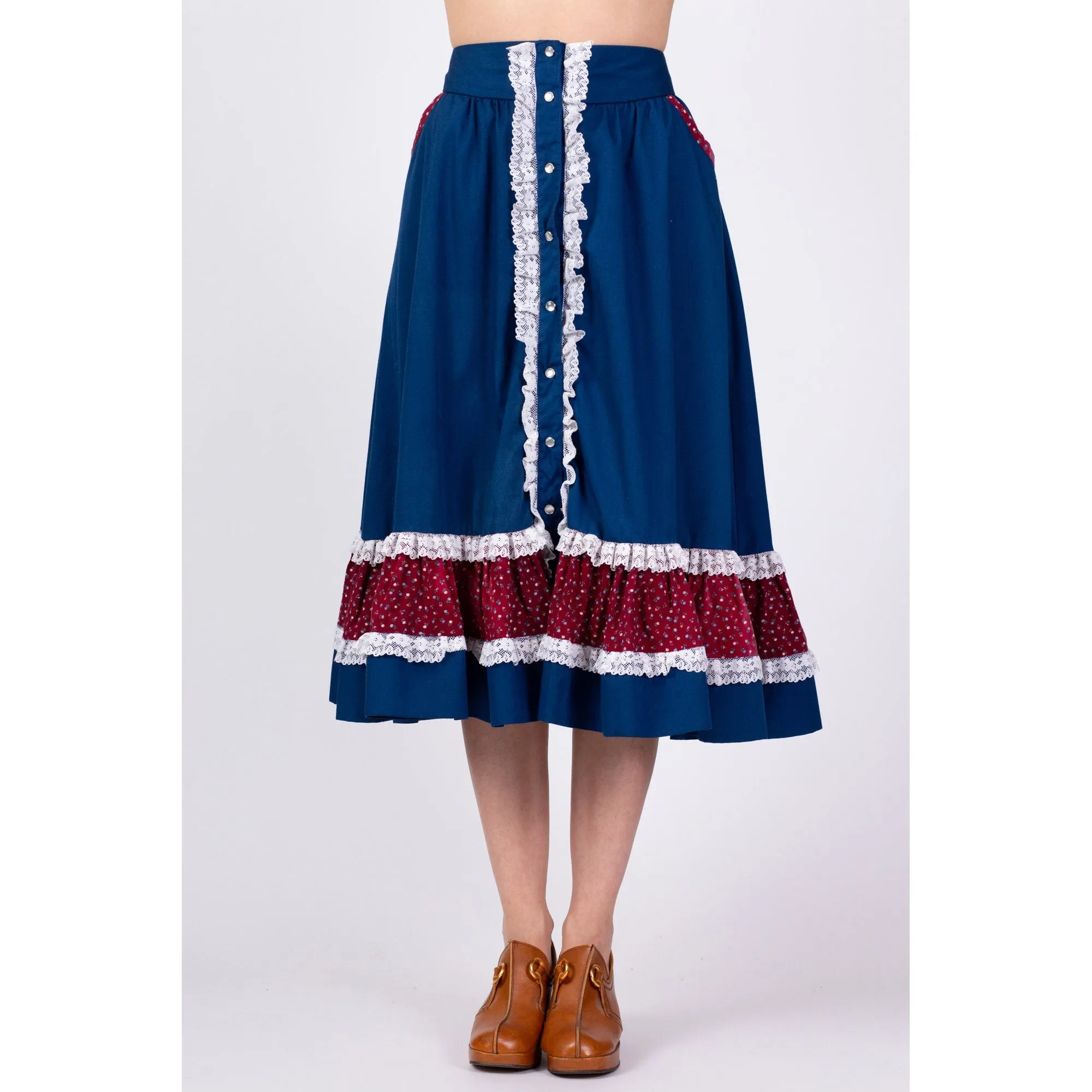 70s Navy Blue Midi Prairie Skirt - Medium, 29"