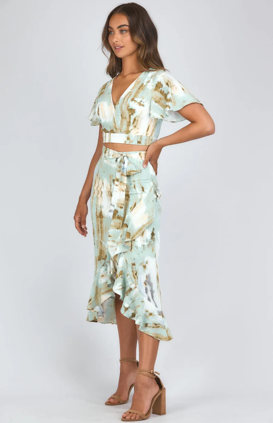 Abstract Printed Set With Wrap Top And Waterfall Hem Skirt