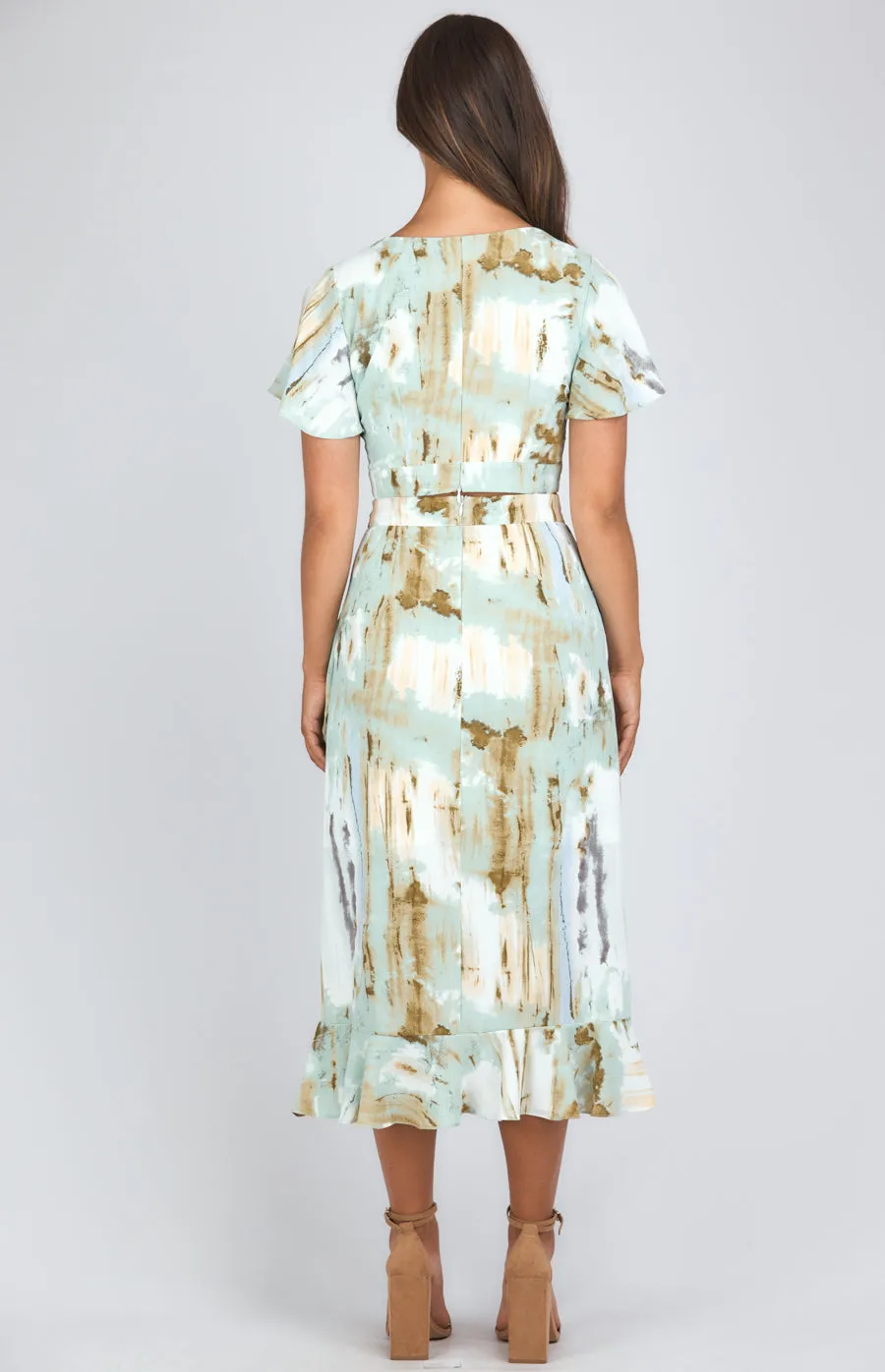 Abstract Printed Set With Wrap Top And Waterfall Hem Skirt