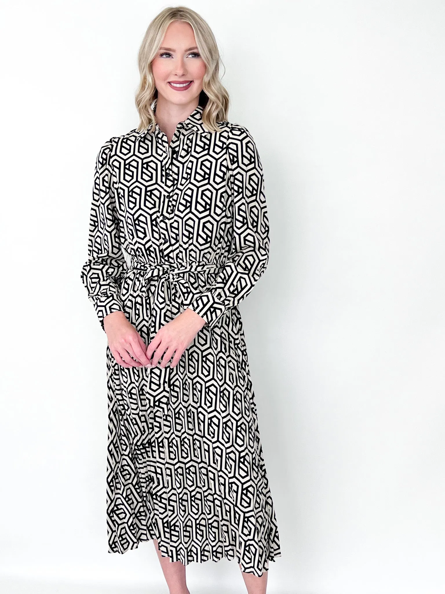 Amelia - Printed Long Sleeve Pleated Midi Dress