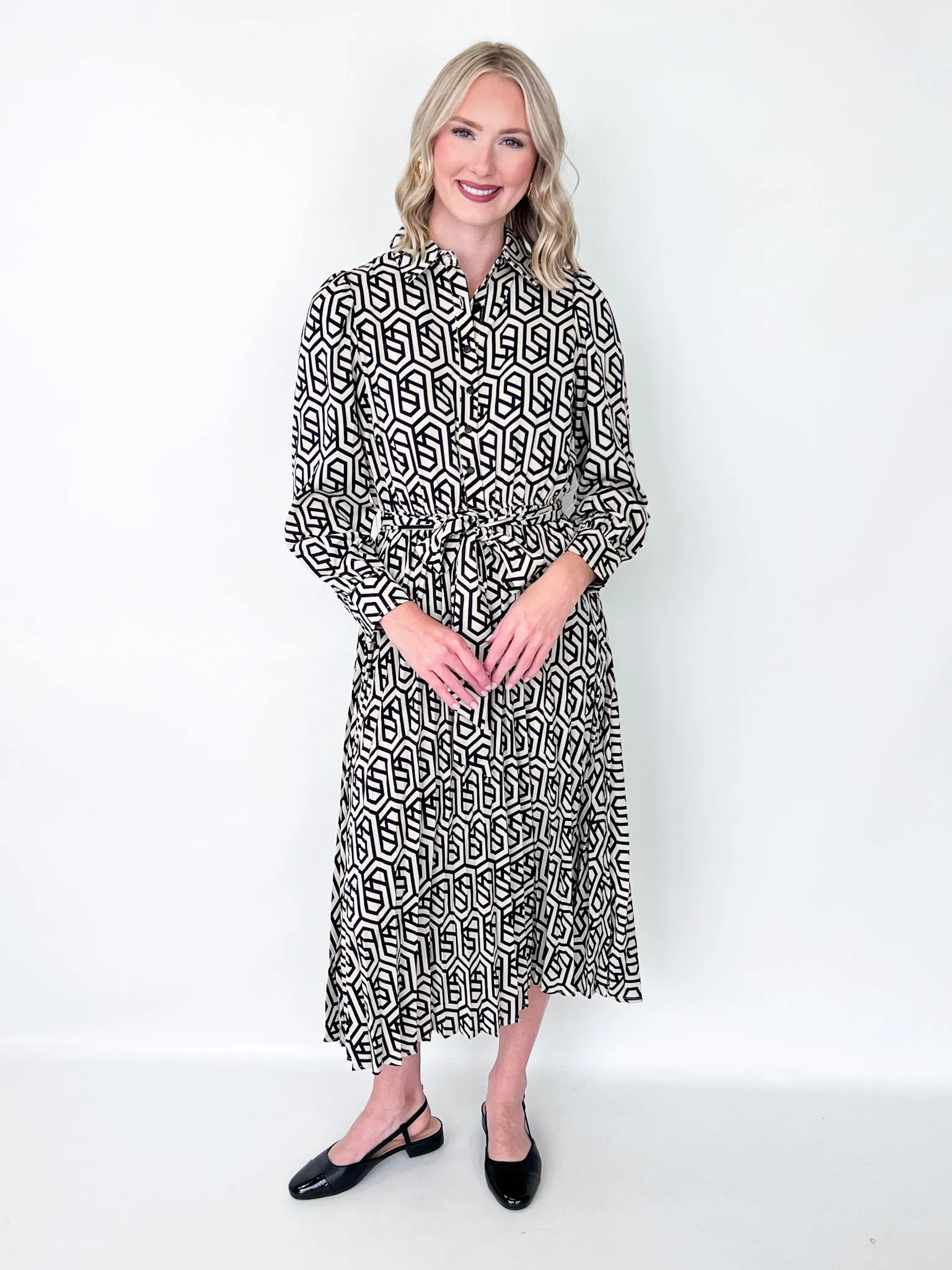 Amelia - Printed Long Sleeve Pleated Midi Dress