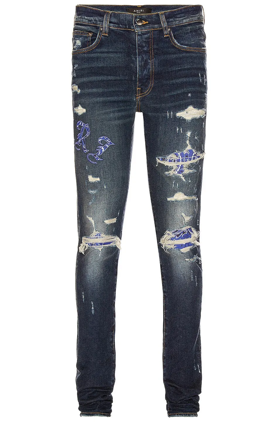 AMIRI OLD ENGLISH LOGO DISTRESSED JEANS