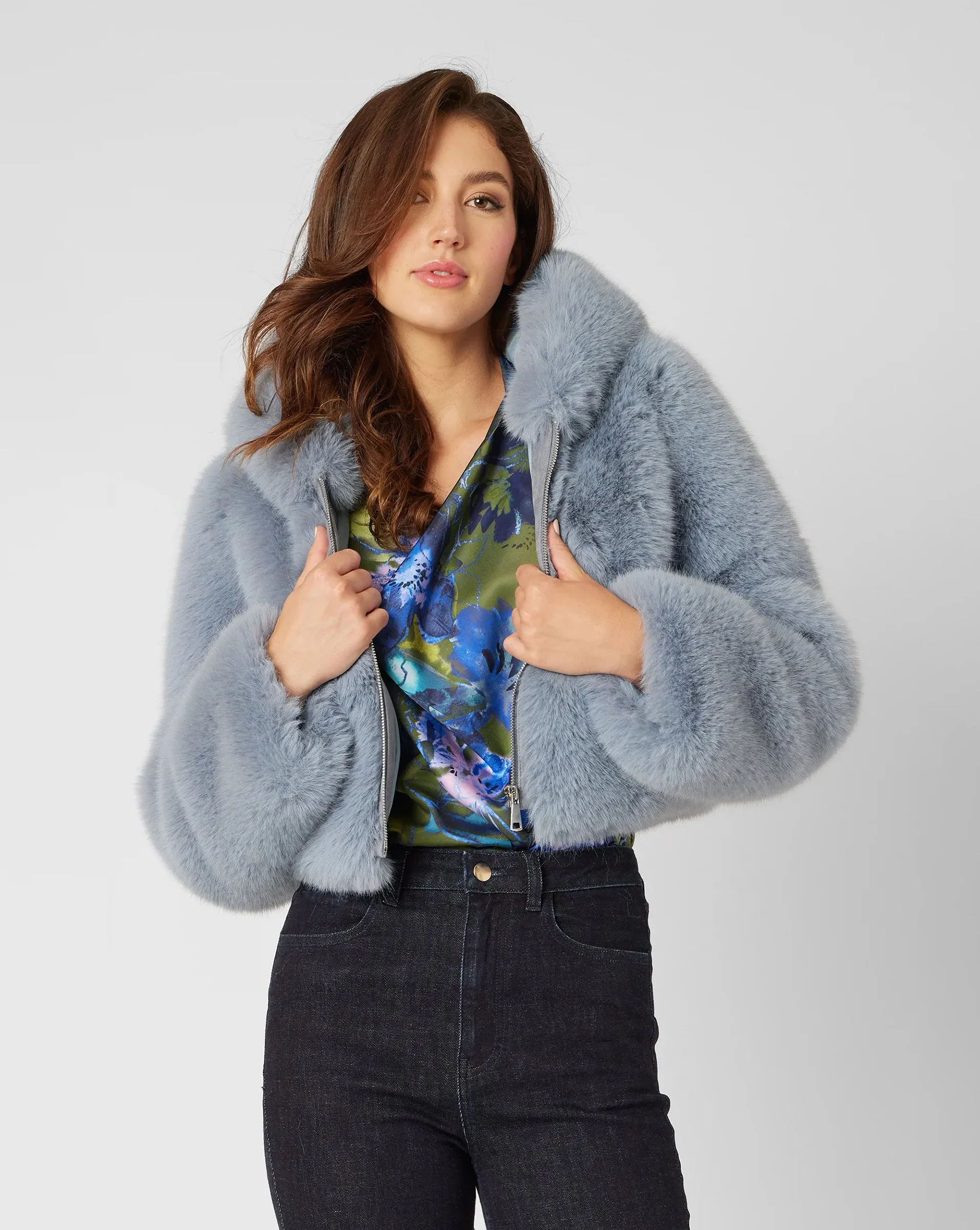 Angelite Blue Faux Mink Cropped Hoodie Jacket