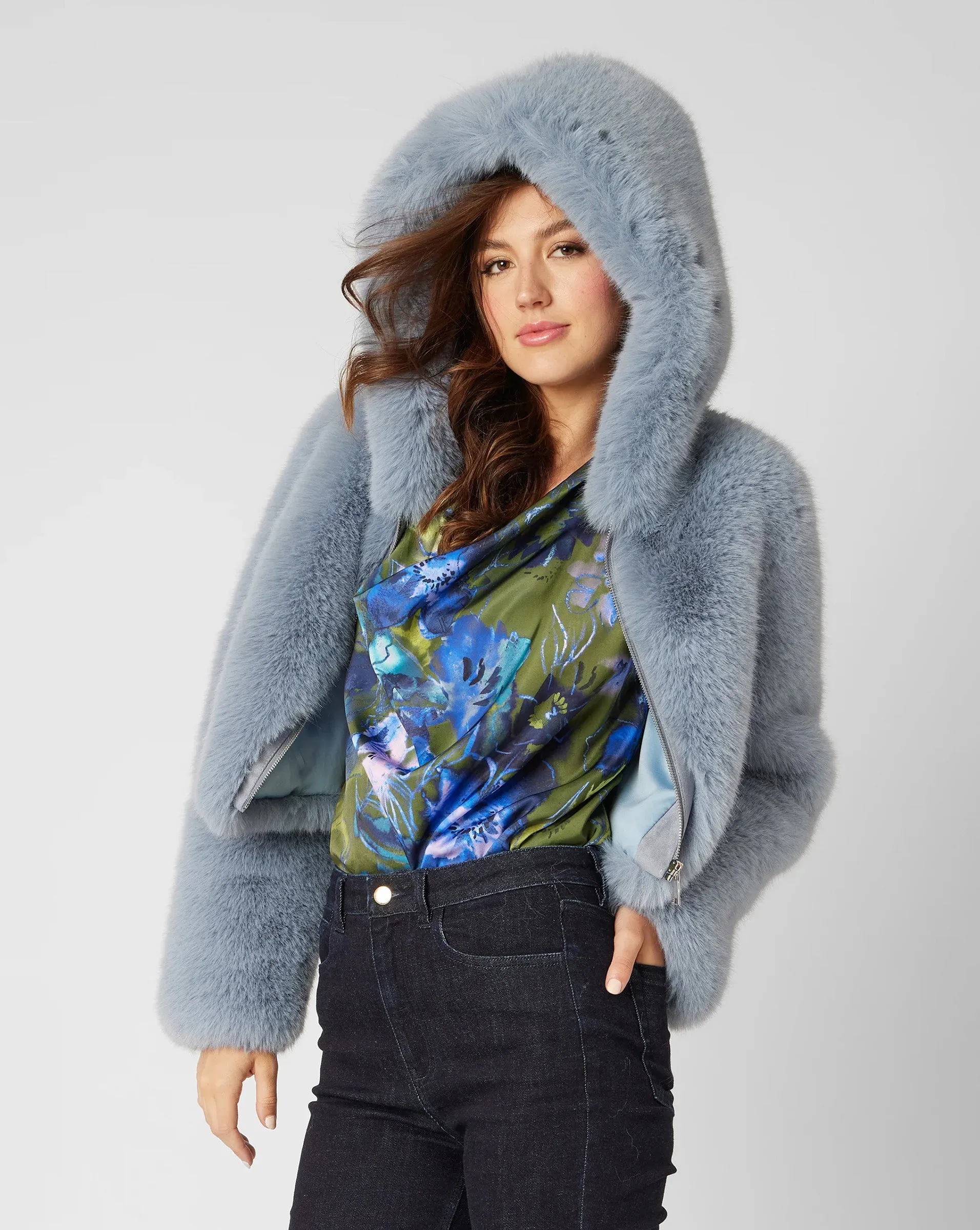 Angelite Blue Faux Mink Cropped Hoodie Jacket