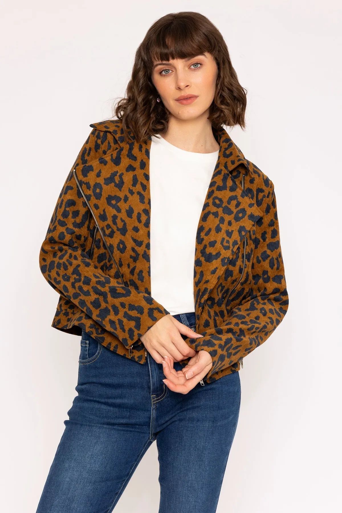 Animal Print Cord Biker Jacket