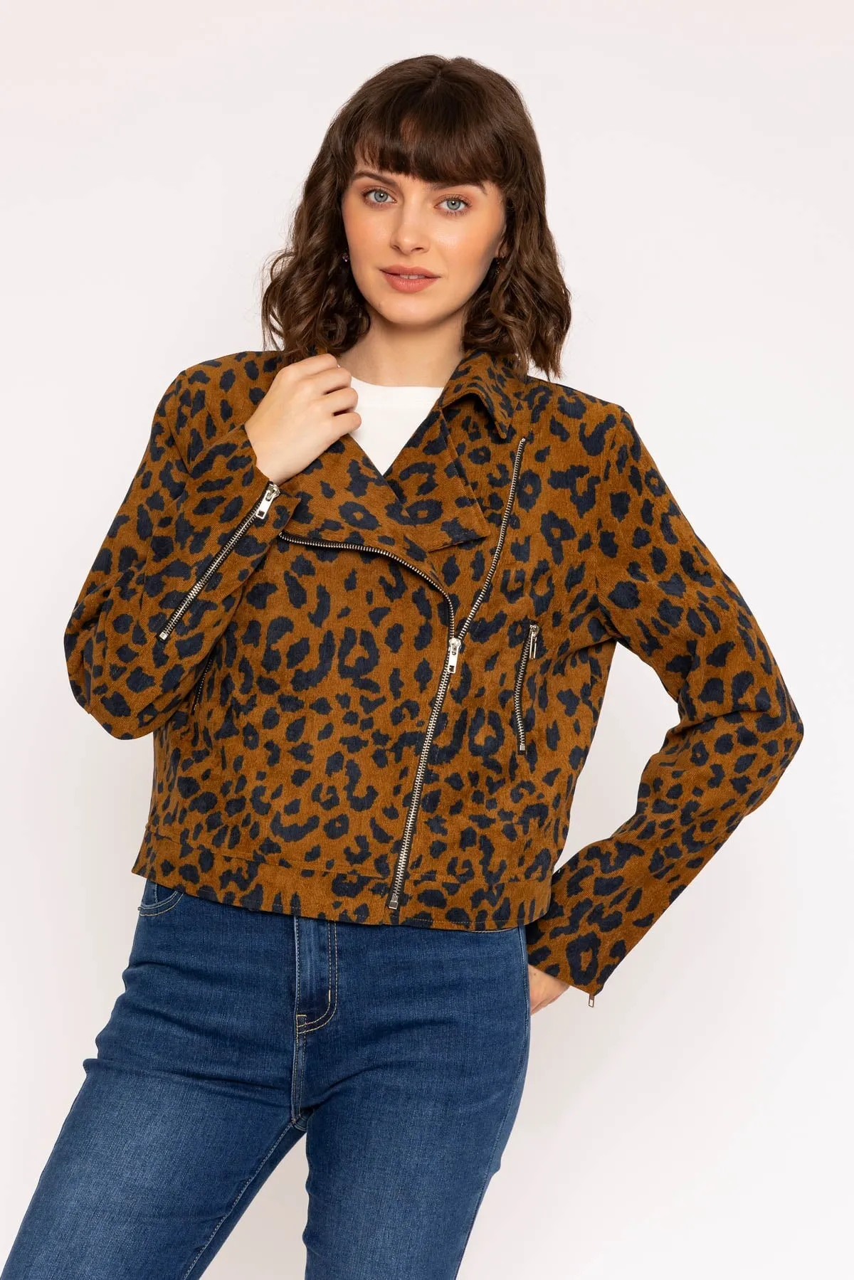 Animal Print Cord Biker Jacket