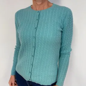 Aqua Green Cable Crew Neck Cashmere Cardigan Medium