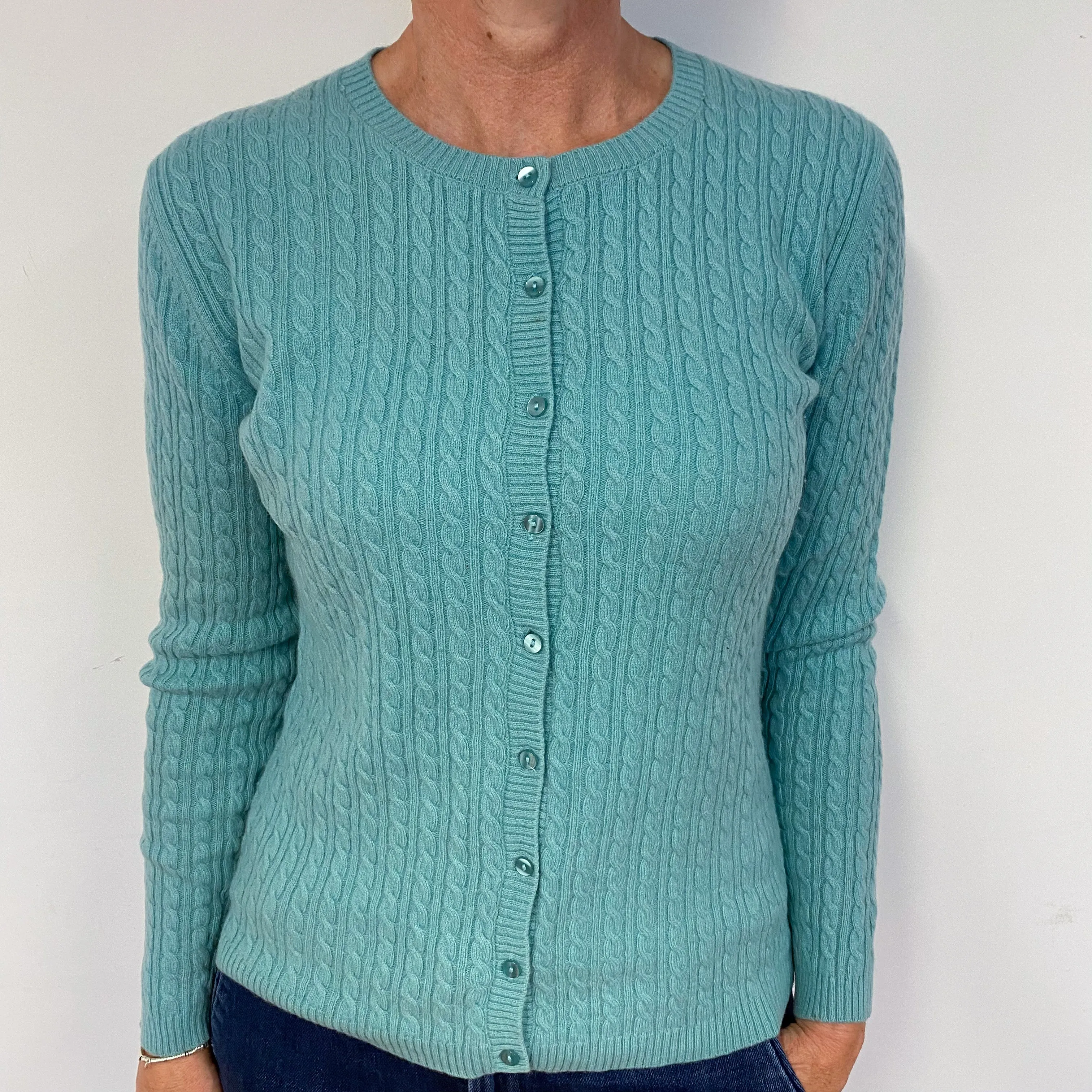 Aqua Green Cable Crew Neck Cashmere Cardigan Medium