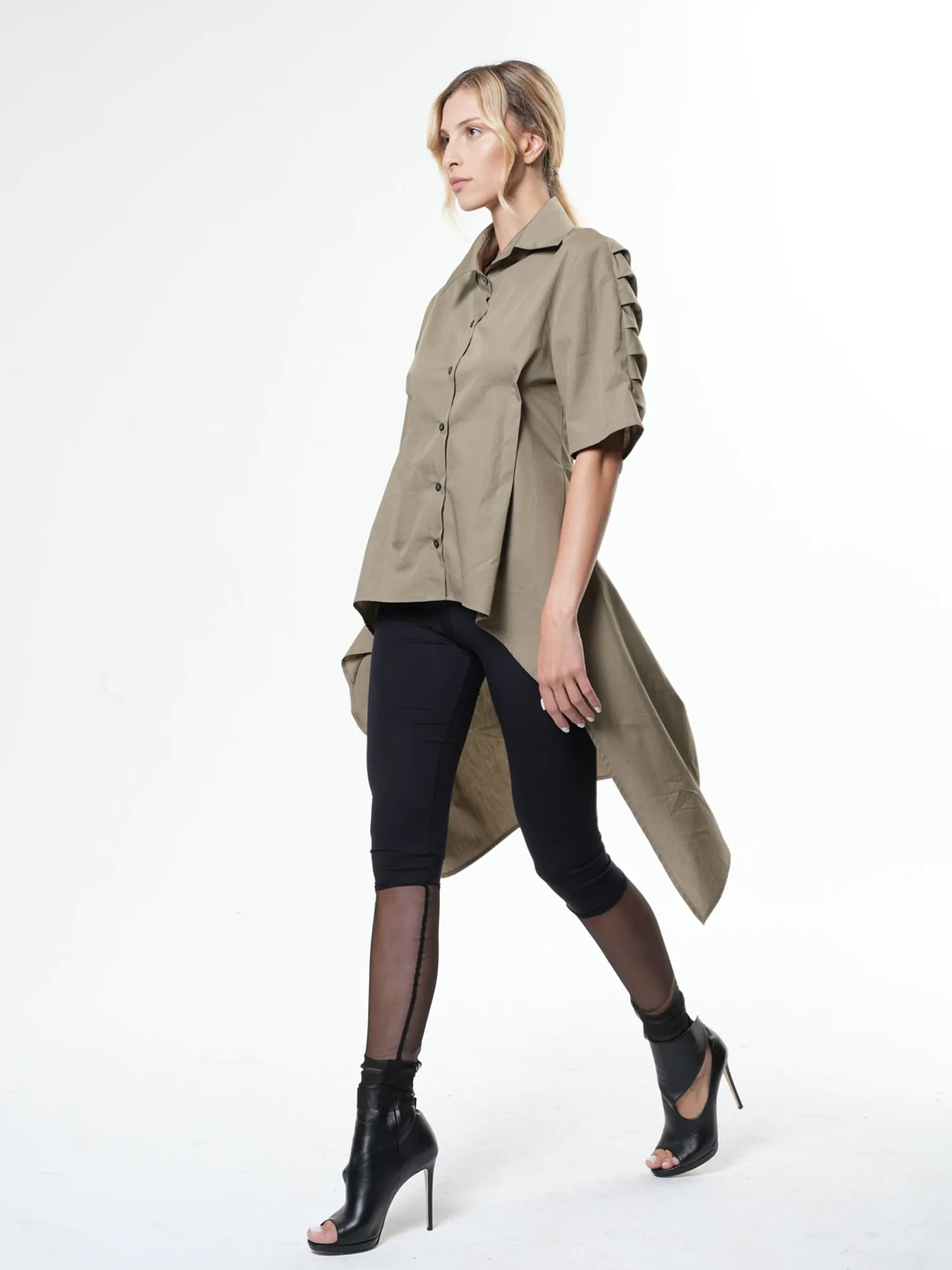 Asymmetric Shirt With Open Back In Khaki