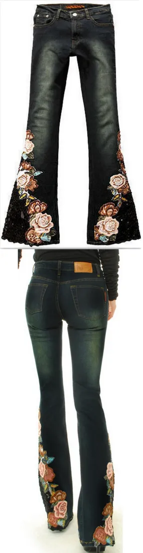 Beaded Floral Embroidered Flared Jeans