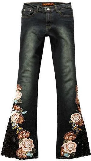 Beaded Floral Embroidered Flared Jeans