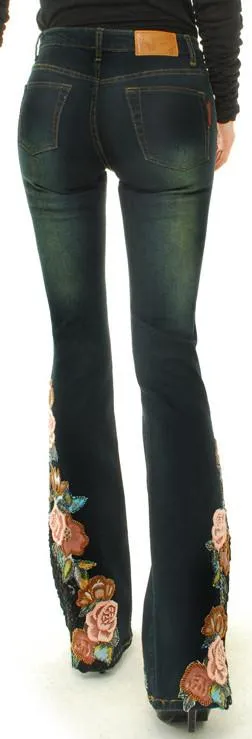 Beaded Floral Embroidered Flared Jeans