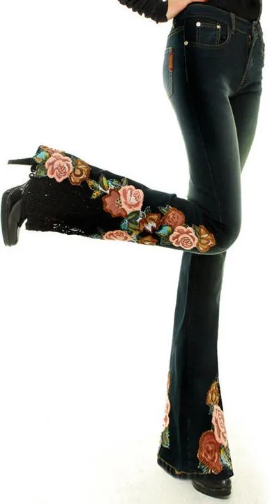 Beaded Floral Embroidered Flared Jeans