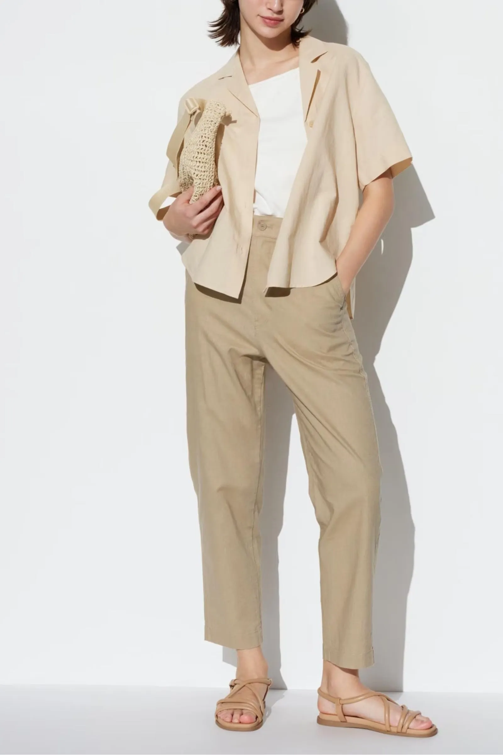 Beige Linen Cotton Blend Tapered Trousers