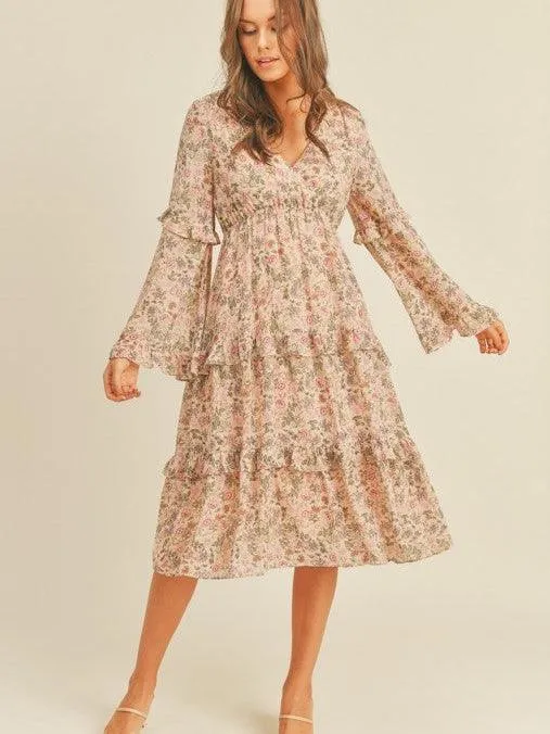 Bells   Whistles Tiered Midi Dress with Bell Sleeves