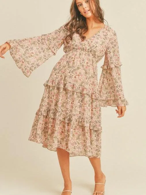 Bells   Whistles Tiered Midi Dress with Bell Sleeves