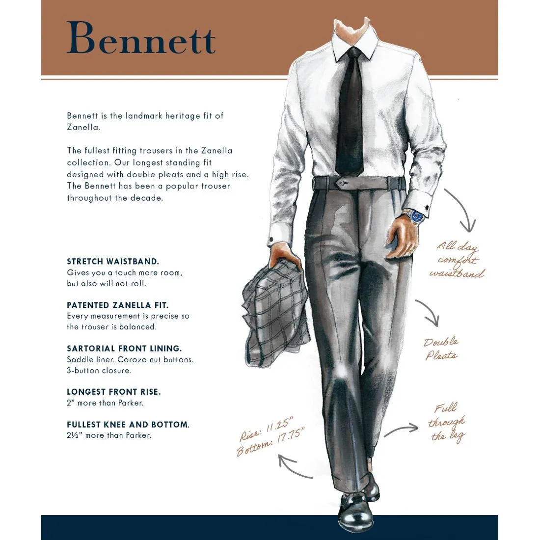 Bennett Double Pleated Super 120s Wool Serge Trouser in Midnight, Sizes 44 and 46 (Full Fit) by Zanella