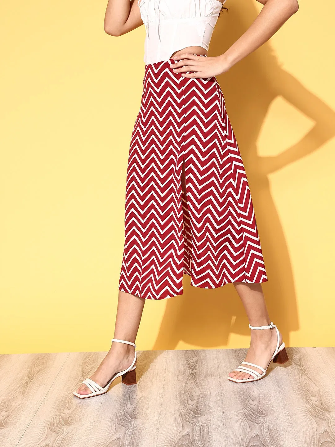 Berrylush Women Red & White Chevron Printed Thigh-High Slit Flared A-Line Midi Skirt