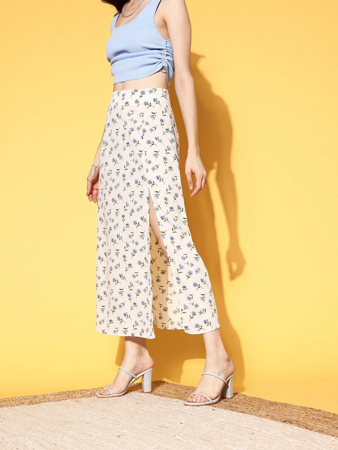 Berrylush Women White & Blue Floral Printed Thigh-High Slit Flared A-Line Midi Skirt