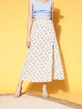 Berrylush Women White & Blue Floral Printed Thigh-High Slit Flared A-Line Midi Skirt