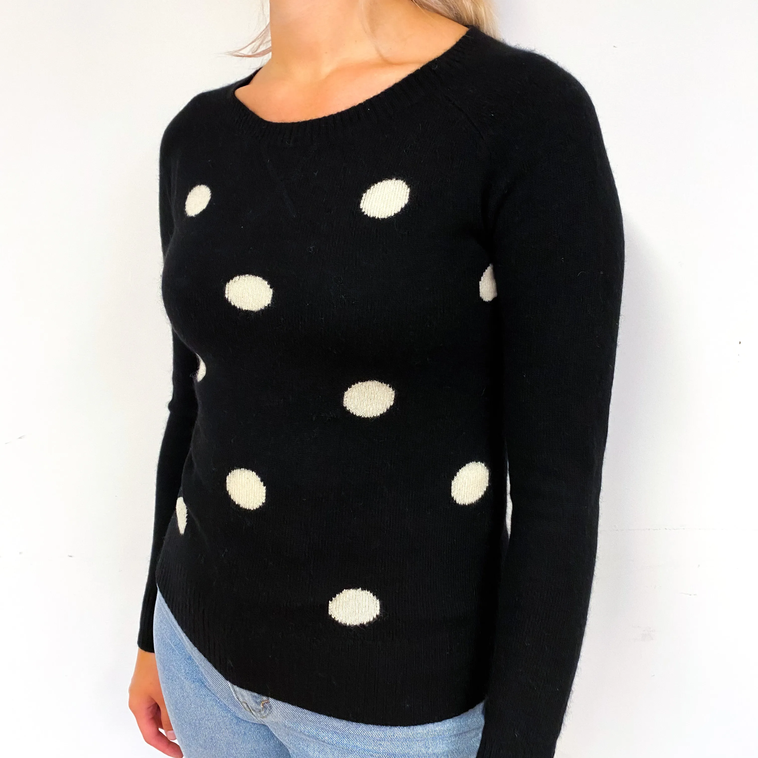 Black and White Spotted Front Cashmere Crew Neck Jumper Small