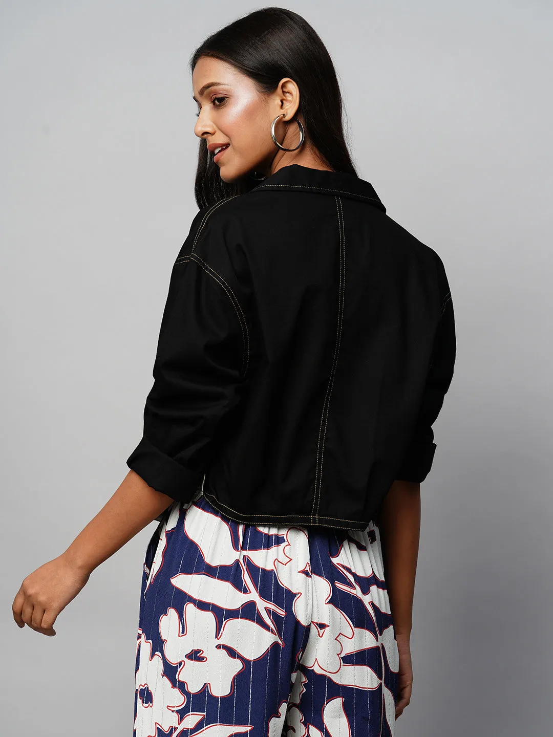 BLACK DENIM DROPPED SHOULDER BOXY CROPPED JACKET