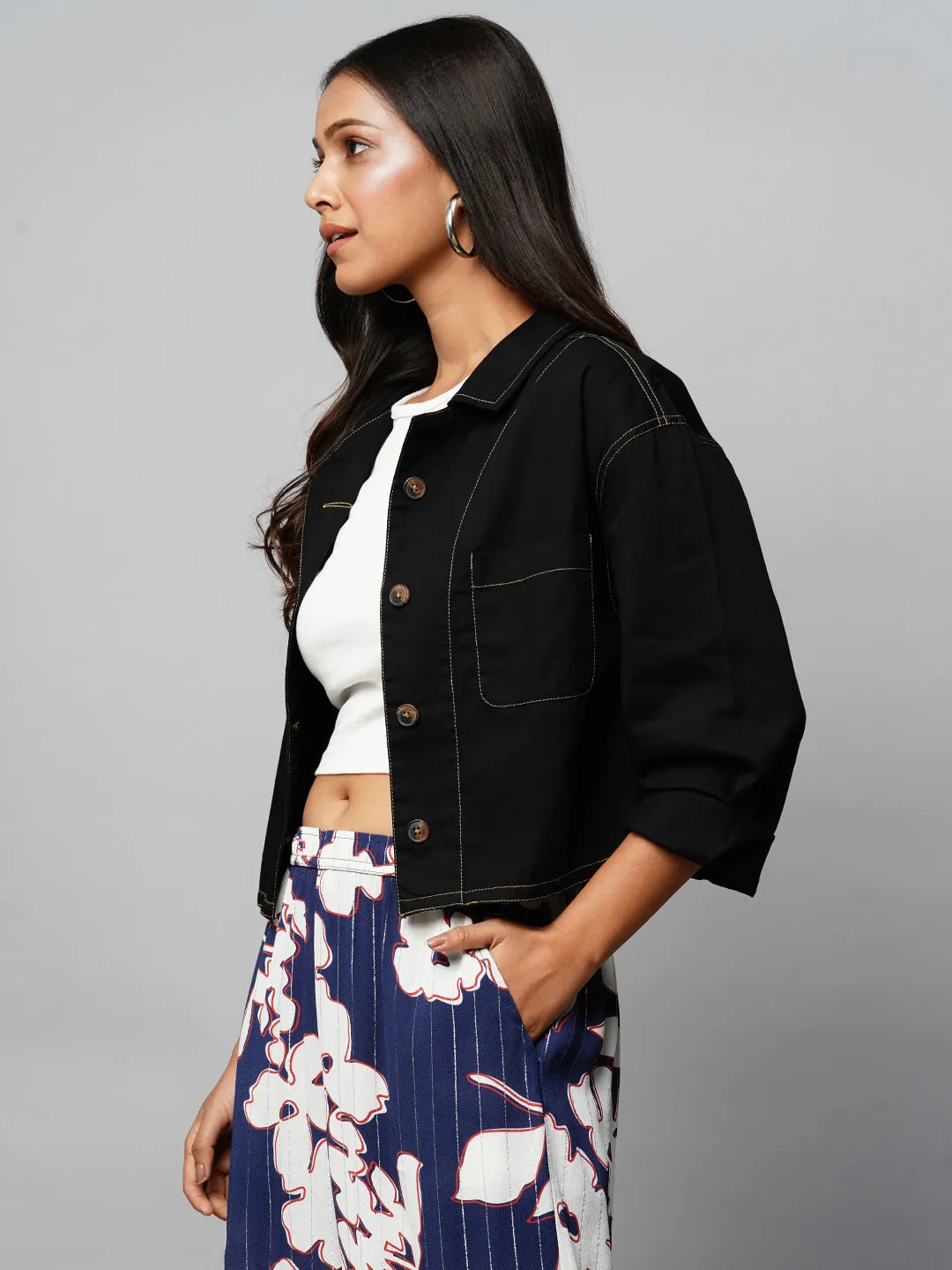 BLACK DENIM DROPPED SHOULDER BOXY CROPPED JACKET