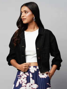 BLACK DENIM DROPPED SHOULDER BOXY CROPPED JACKET