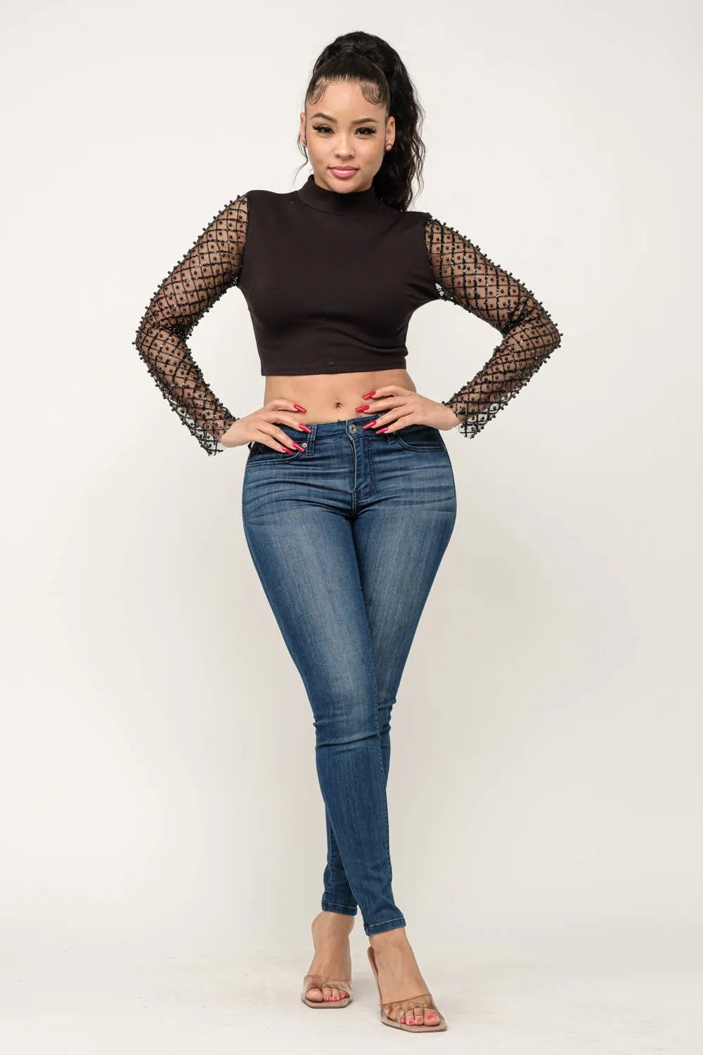 Black Mockneck Sequin/Pearl Sleeved Crop Top