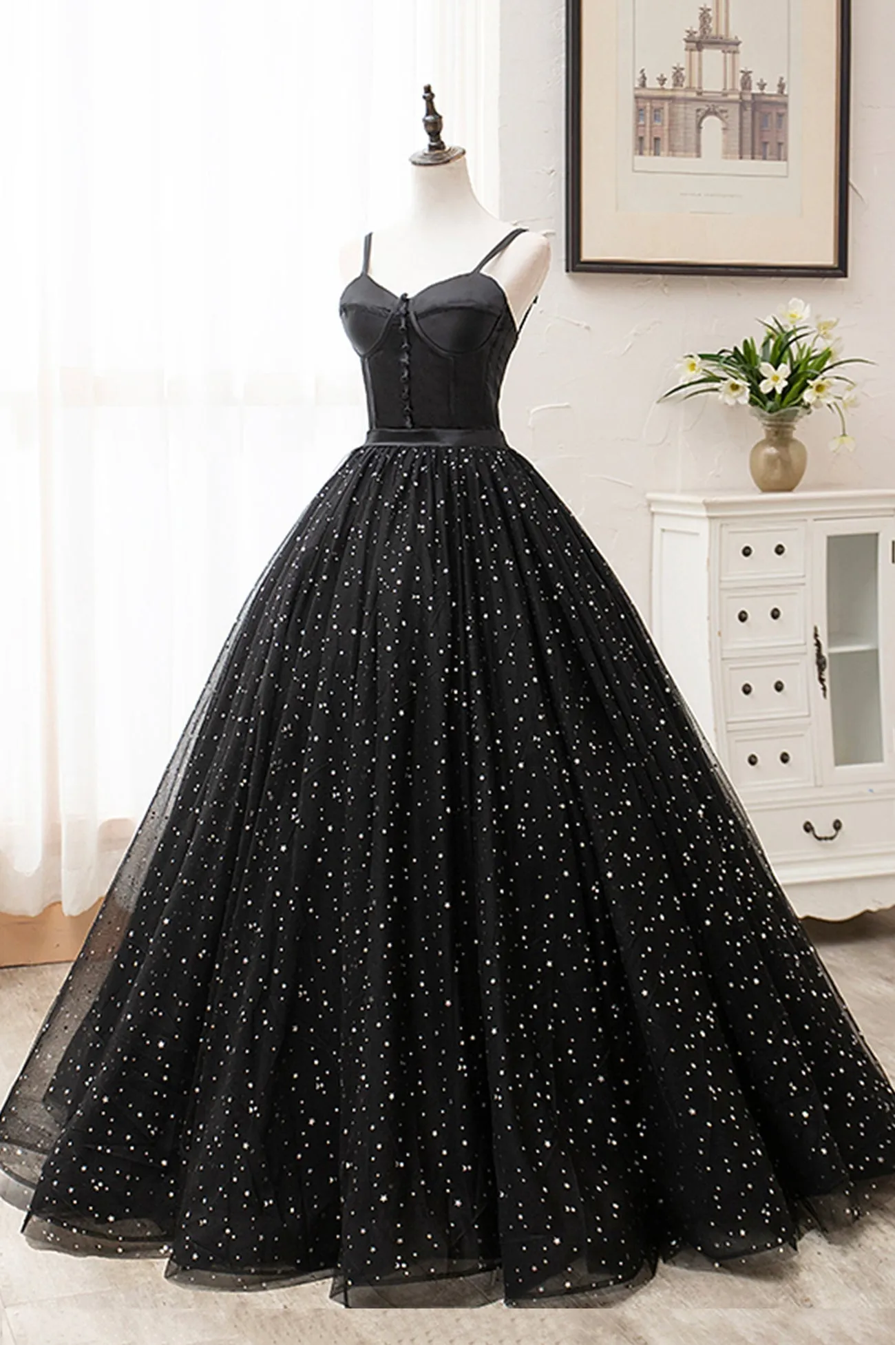 Black Tulle Long A-Line Long Prom Dresses, Black Evening Party Dresses