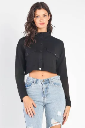 Black Two Pocket Crew Neck Long Sleeve Crop Jacket /2-2-2