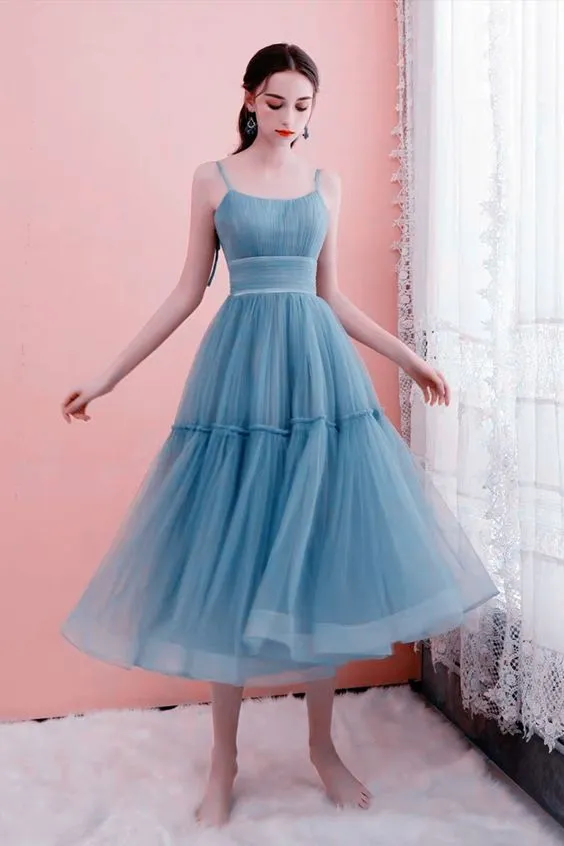 Blue A-line Tulle Midi Bridesmaid Dress   fg4460