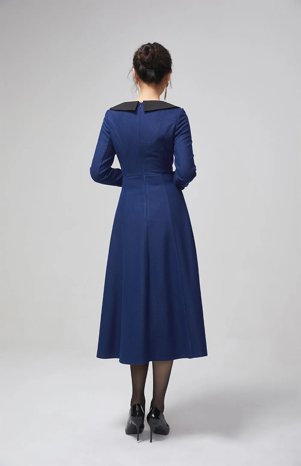 blue wool long women dress with long sleeves 2208#