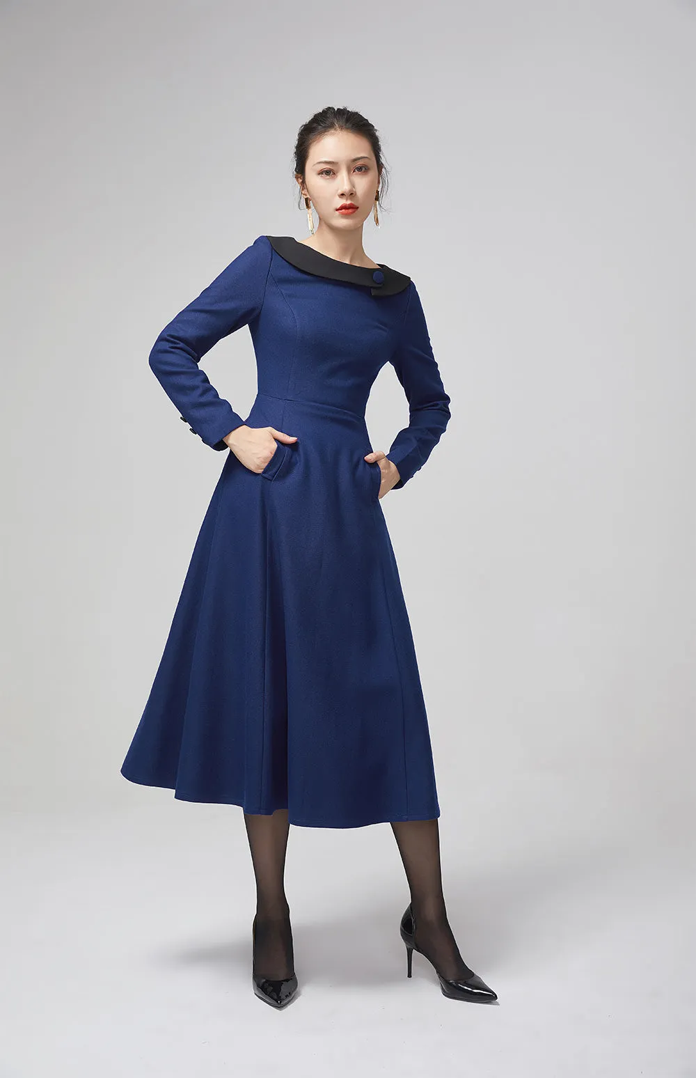 blue wool long women dress with long sleeves 2208#