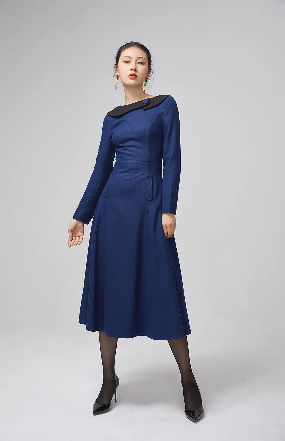 blue wool long women dress with long sleeves 2208#