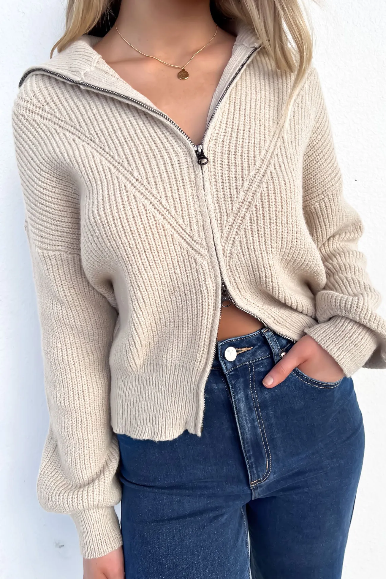 Brie Knit Zip Jumper Beige