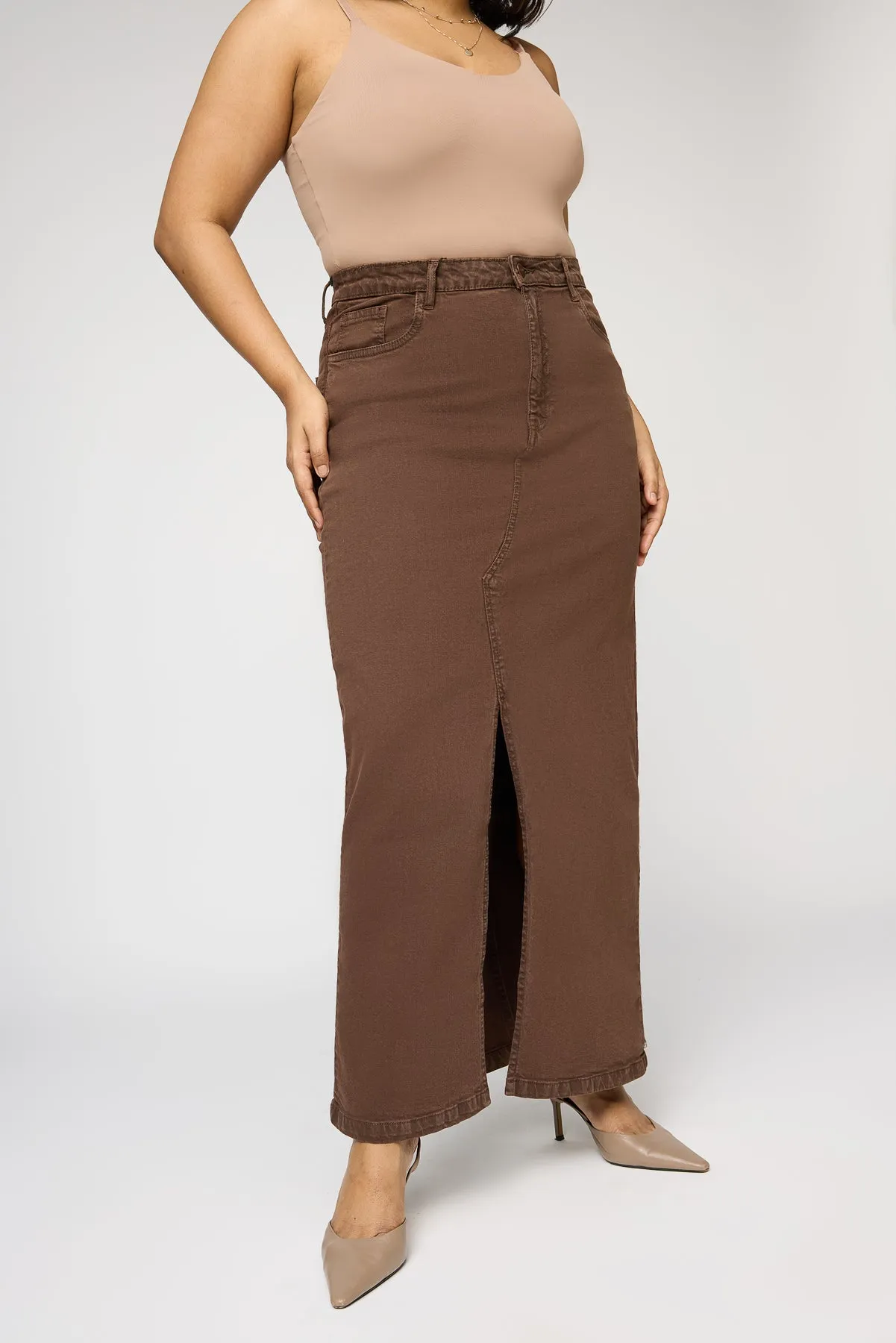 Brown Glam Front Slit Curve Midi Skirt