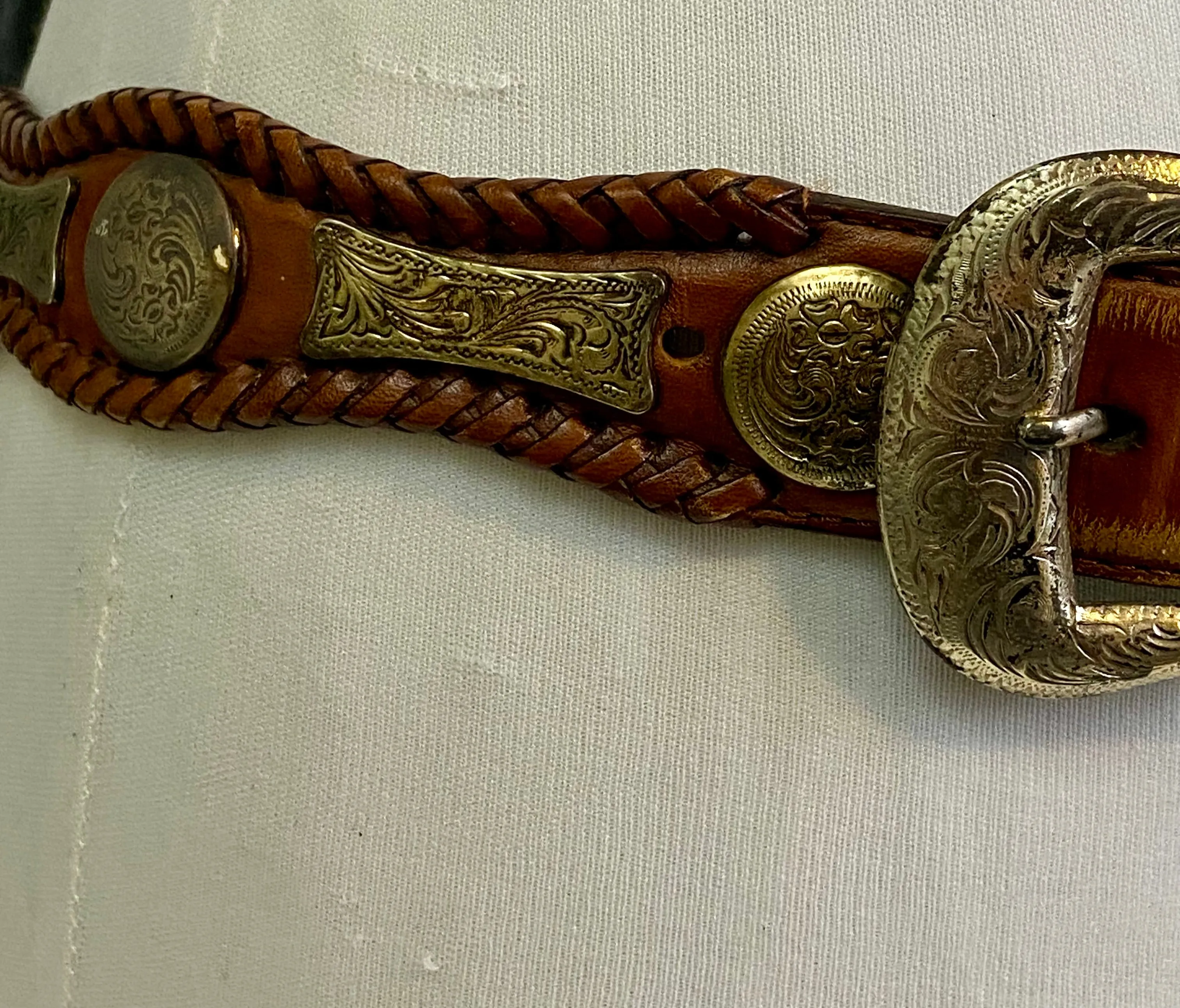 Brown leather belt silver medallions