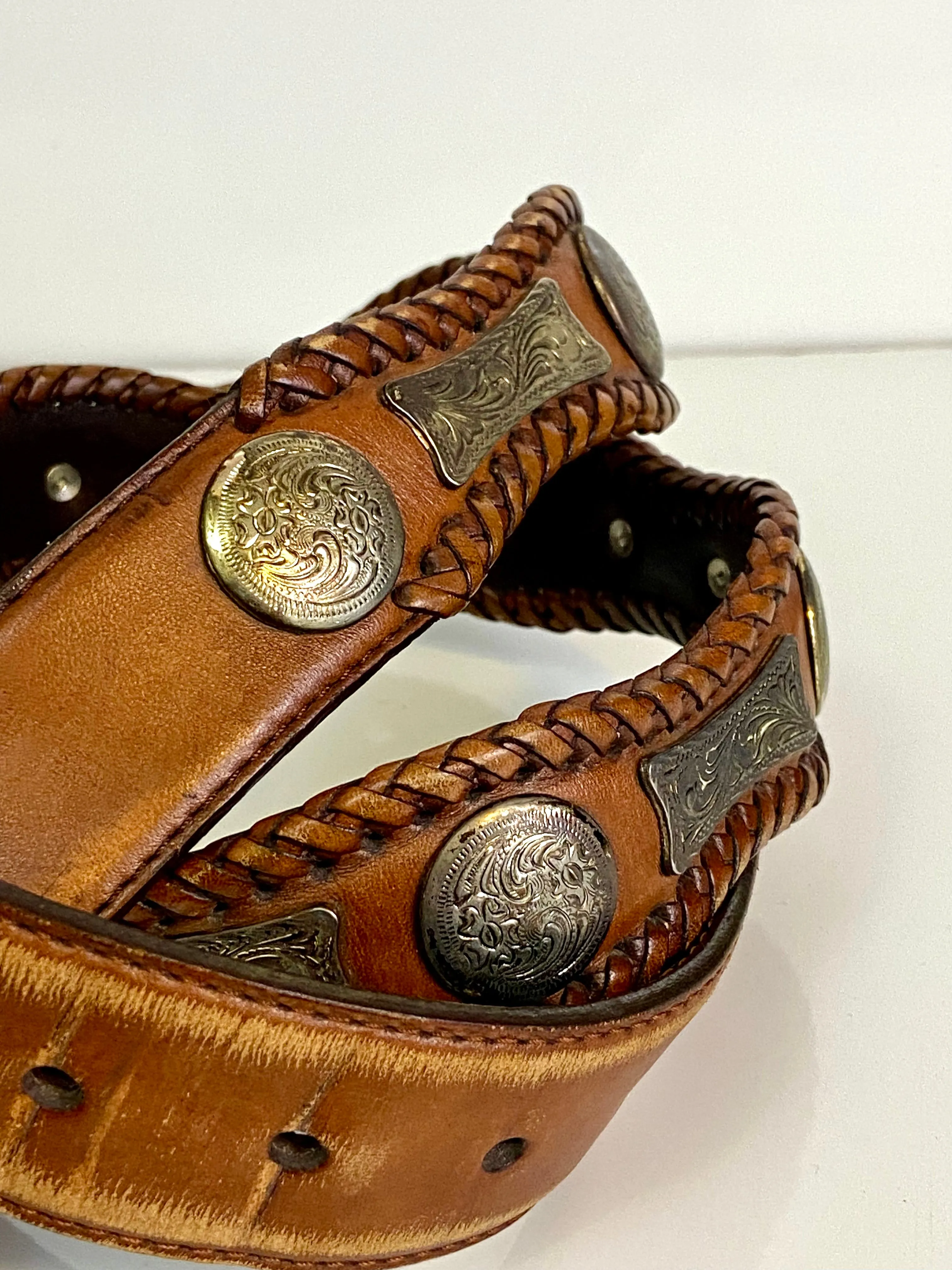 Brown leather belt silver medallions