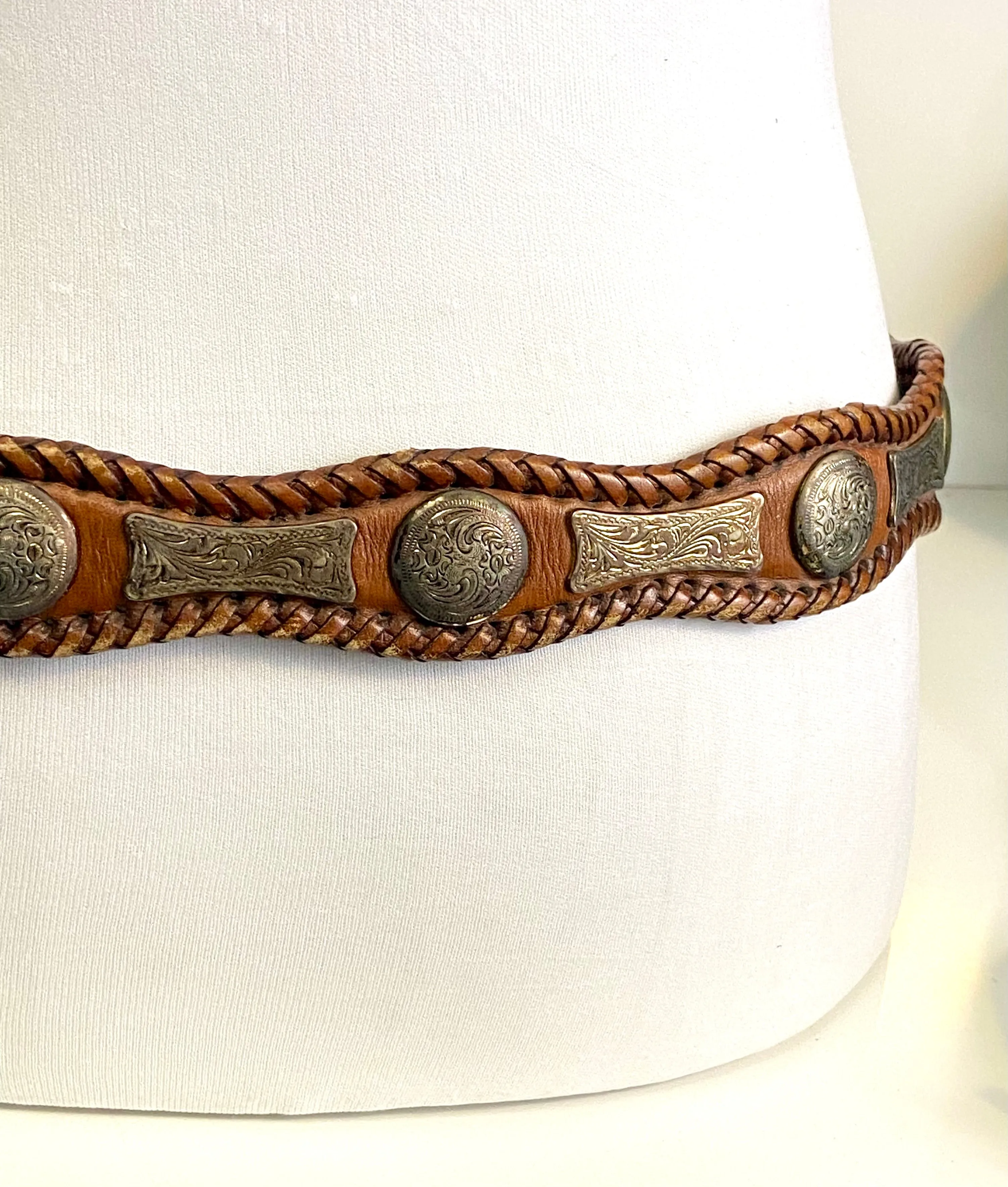 Brown leather belt silver medallions