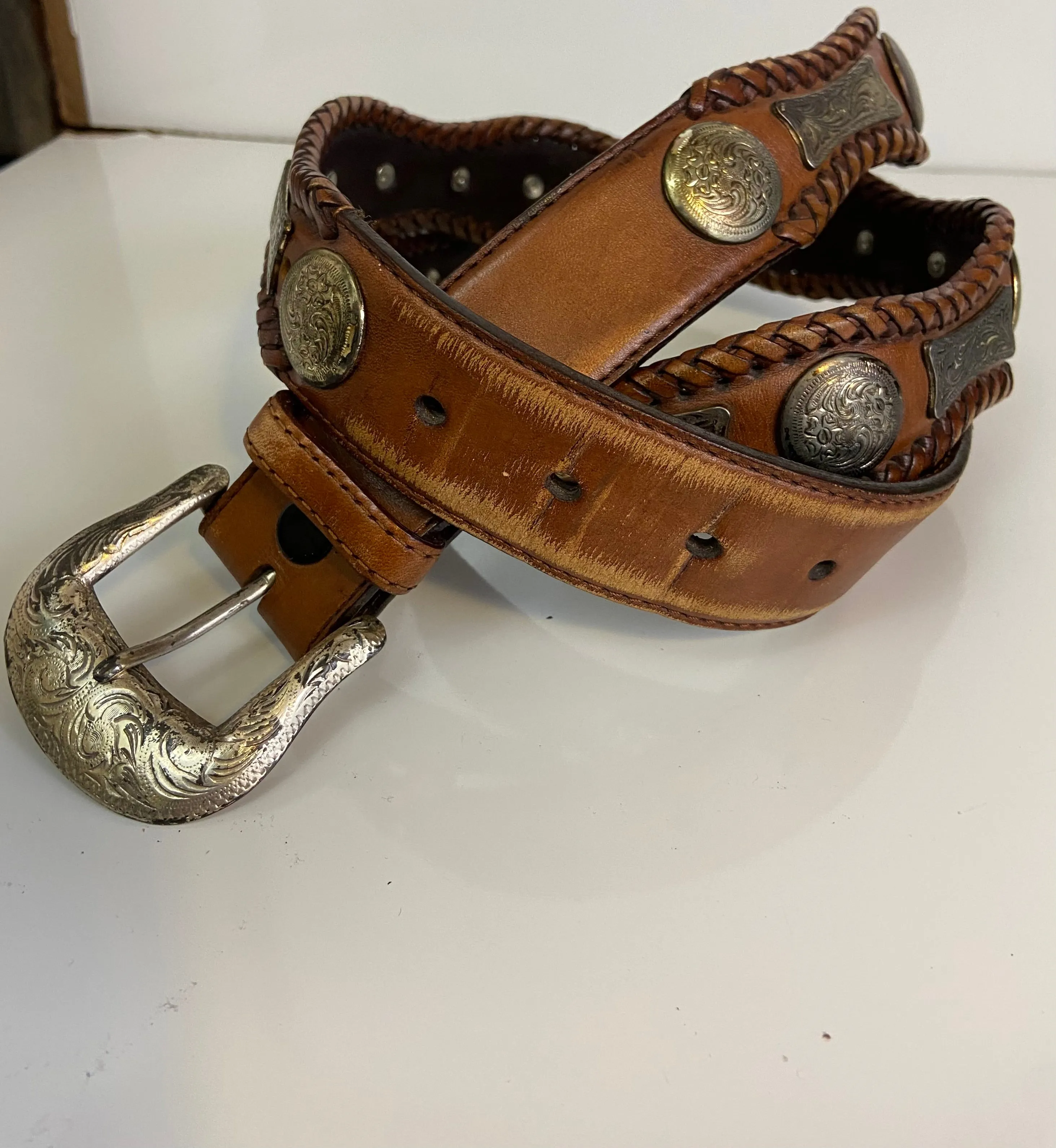 Brown leather belt silver medallions