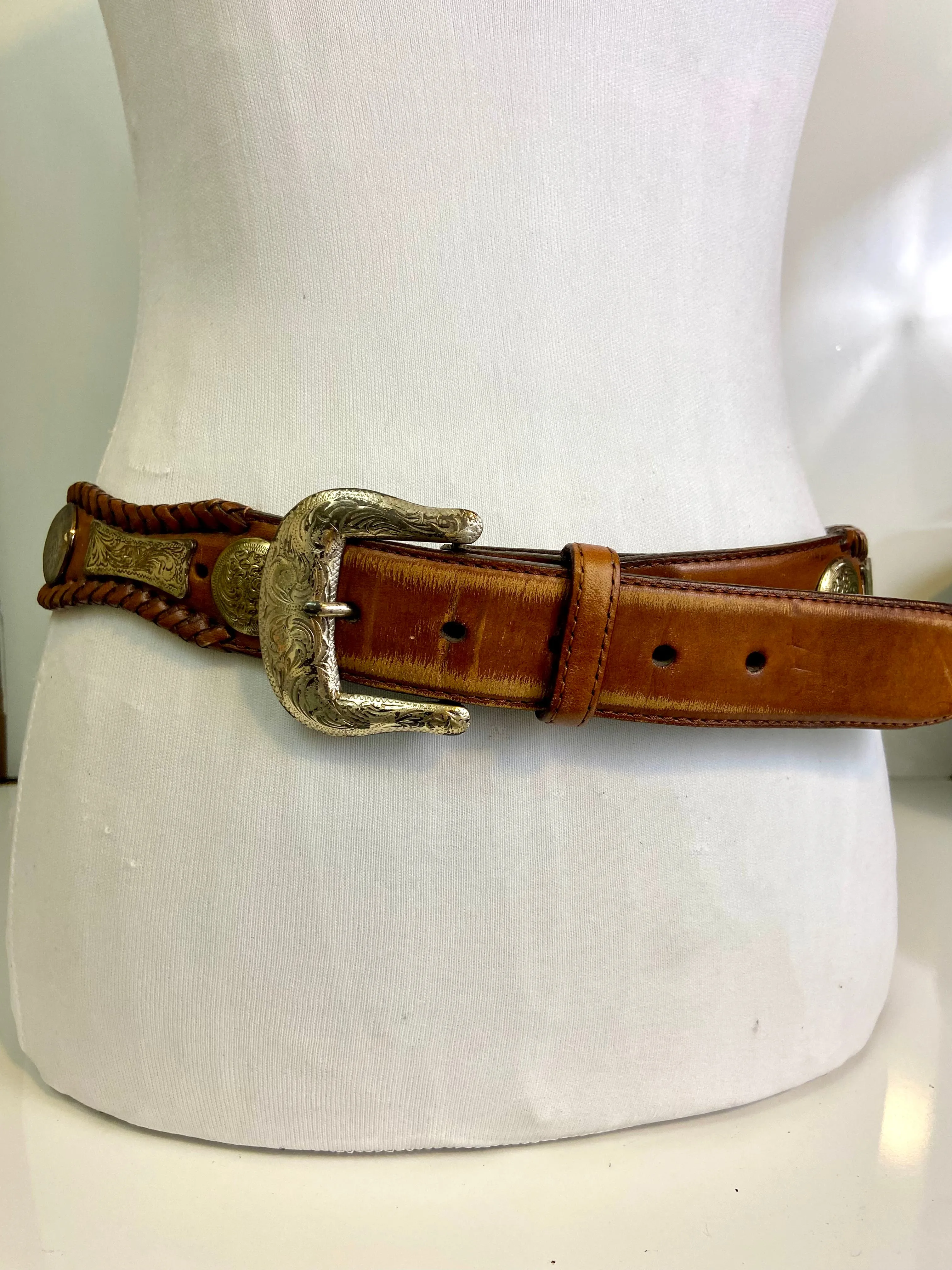 Brown leather belt silver medallions