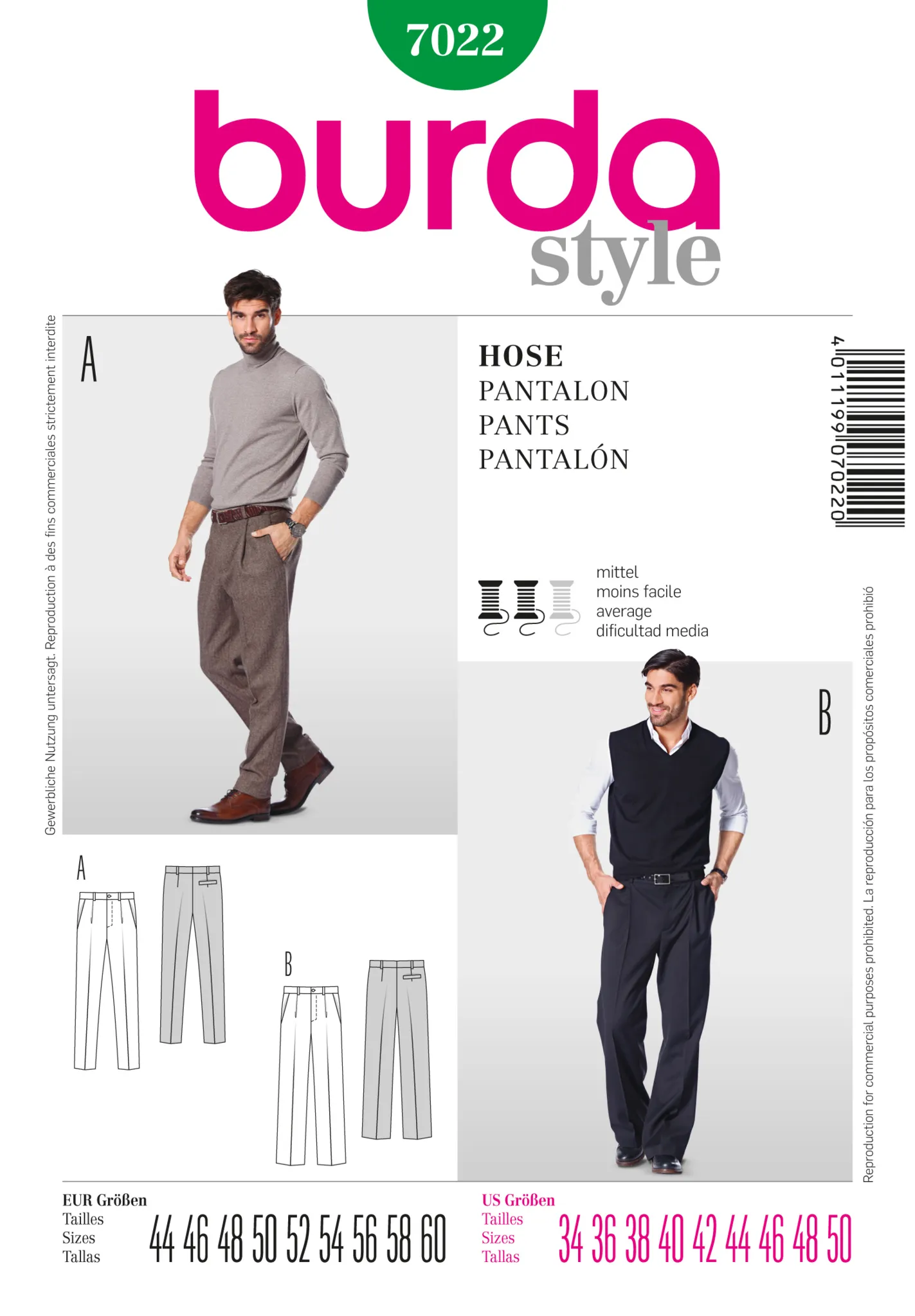 Burda 7022 Mens' Trousers Pattern