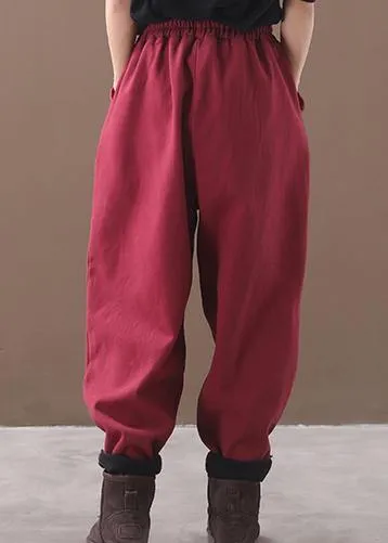 burgundy women elastic waist cotton trousers plus size false pockets harem pants